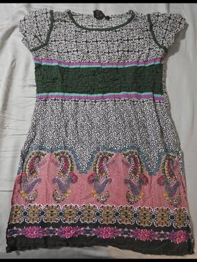 Smocked Bodice Dress with Green and Pink Paisley Border